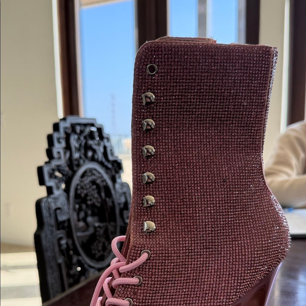 New Glitter Pink Crystal Platform lace Boots - Picture 4 of 6